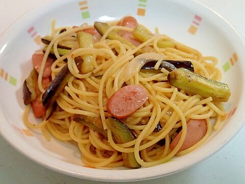 ゆずポン酢で　ウインナーと茄子と玉ねぎのパスタ